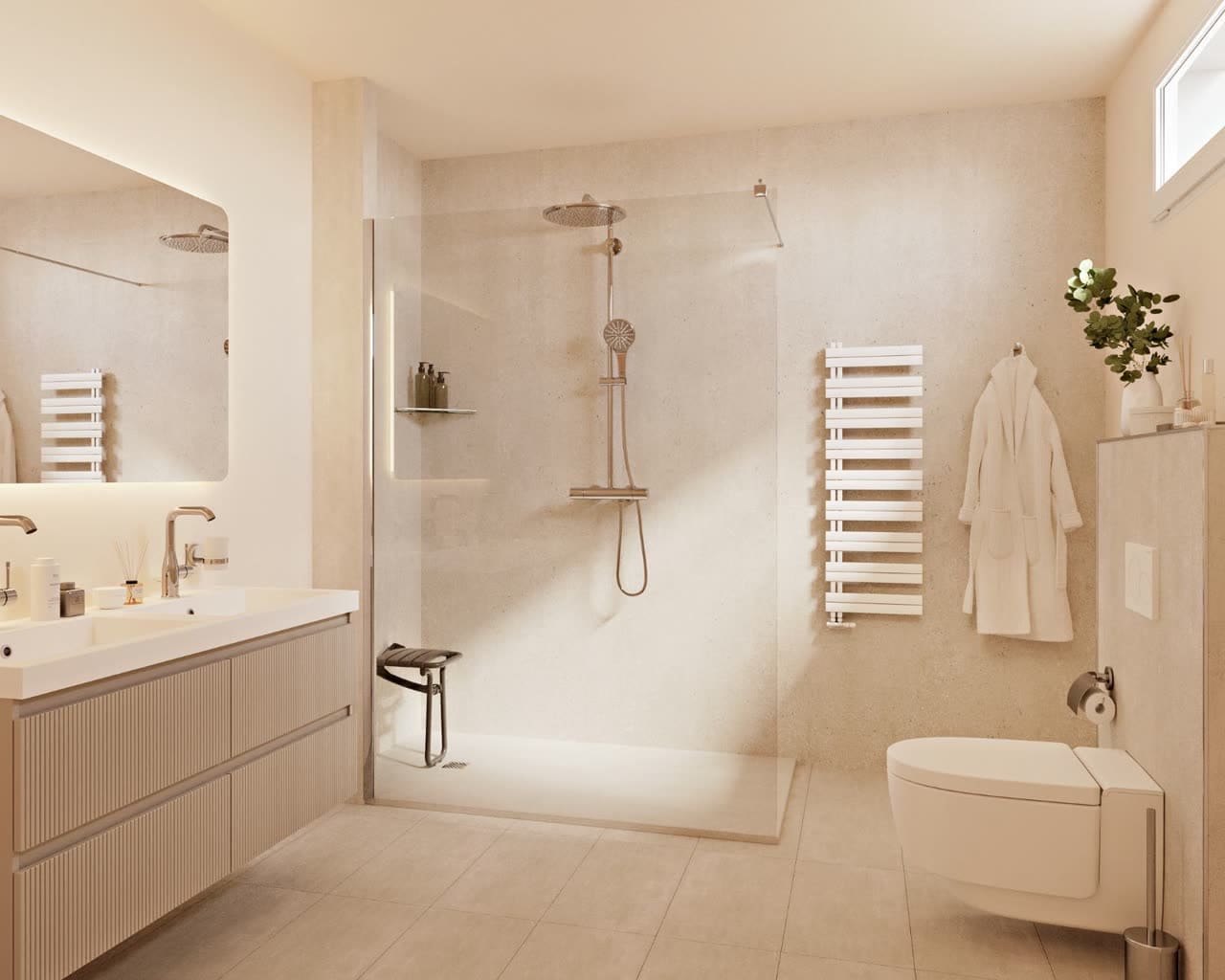 Badkamer in sage-naturel — zachte rust met groen accent